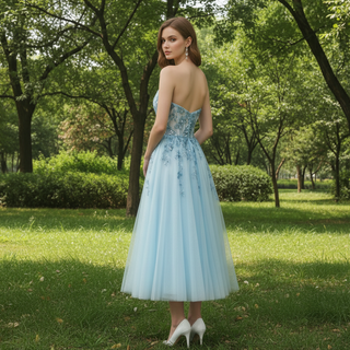 Sweetheart Neck Mid Calf Beach Cocktail with Sheer Bodice