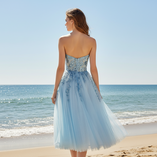 Sweetheart Neck Mid Calf Beach Cocktail with Sheer Bodice