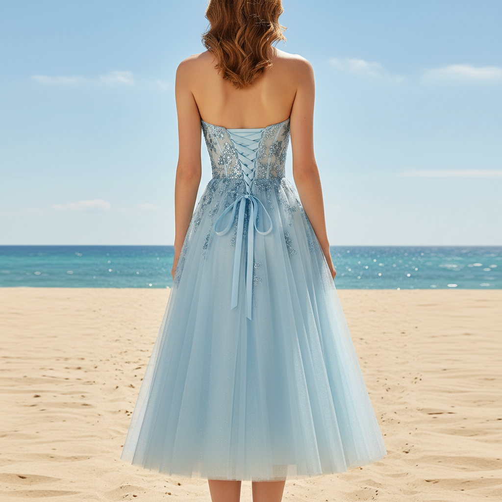 Sweetheart Neck Mid Calf Beach Cocktail with Sheer Bodice Sky Blue / 8 Sweetheart Neck Mid Calf Beach Cocktail with Sheer Bodice Sky Blue / 8