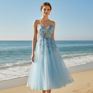 Sweetheart Neck Mid Calf Beach Cocktail with Sheer Bodice