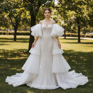 Sweetheart Neck Sparkly Mermaid Bridal Wedding Dresses with Cape - Rosymae