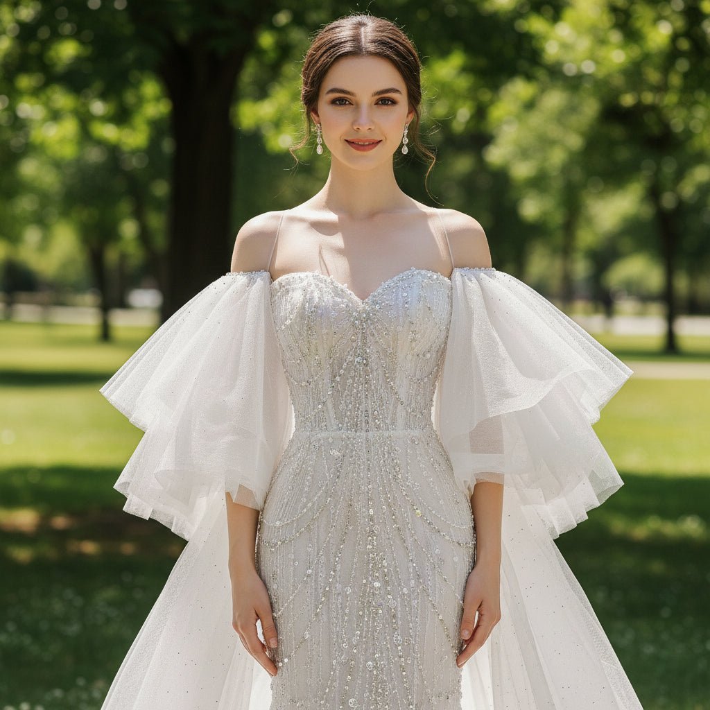 Sweetheart Neck Sparkly Mermaid Bridal Wedding Dresses with Cape - Rosymae