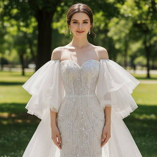 Sweetheart Neck Sparkly Mermaid Bridal Wedding Dresses with Cape - Rosymae