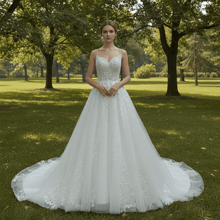 Sweetheart Neckline A-line Tulle Lace Wedding Dress with Spaghetti Strap - Rosymae