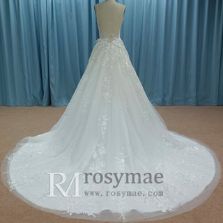 Sweetheart Neckline A-line Tulle Lace Wedding Dress with Spaghetti Strap - Rosymae