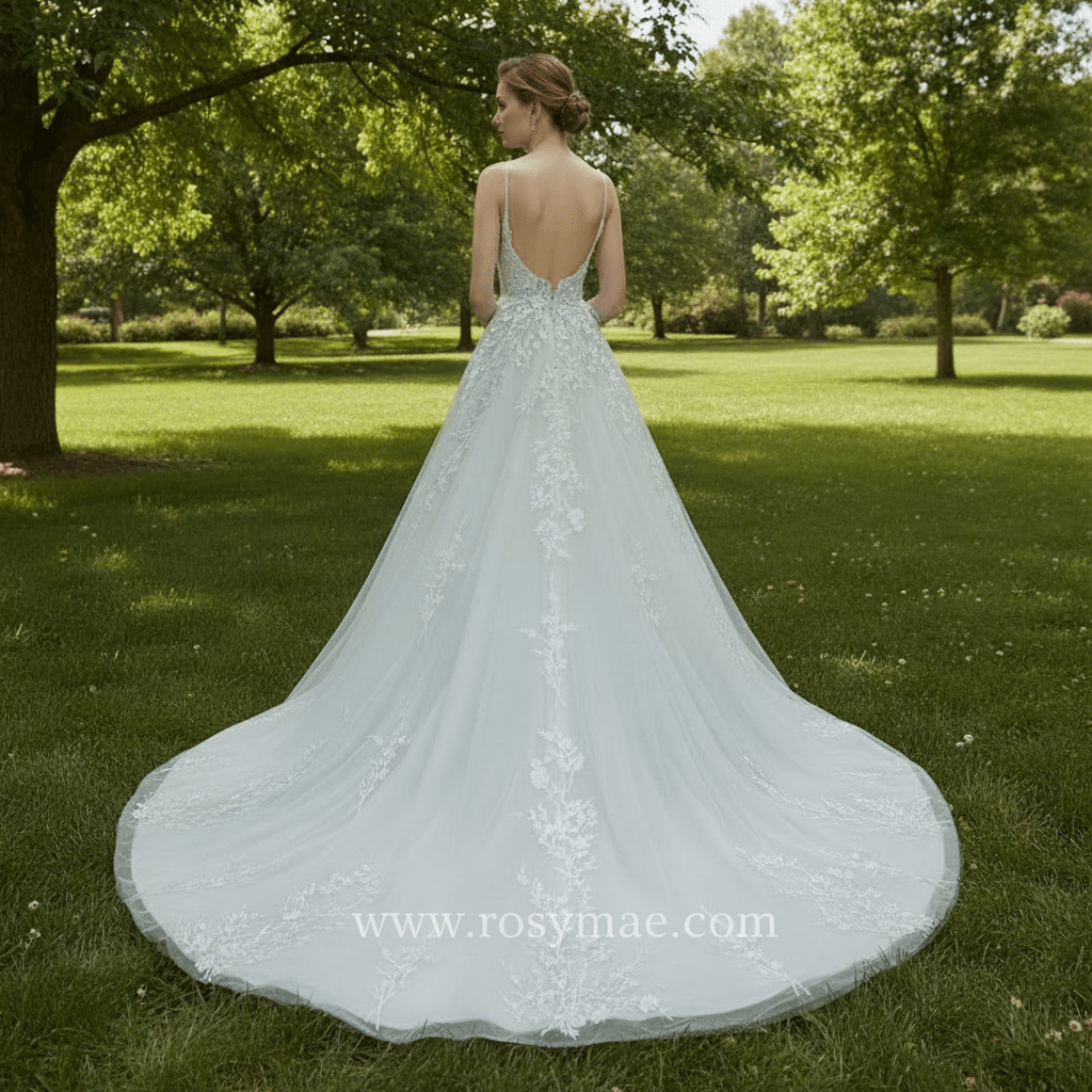 Sweetheart Neckline A-line Tulle Lace Wedding Dress with Spaghetti Strap - Rosymae