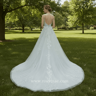 Sweetheart Neckline A-line Tulle Lace Wedding Dress with Spaghetti Strap - Rosymae