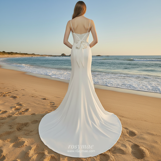 Plunging Vneck Fit and Flare Wedding Dress with Spaghetti Straps