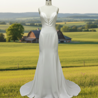 Plunging Vneck Fit and Flare Wedding Dress with Spaghetti Straps