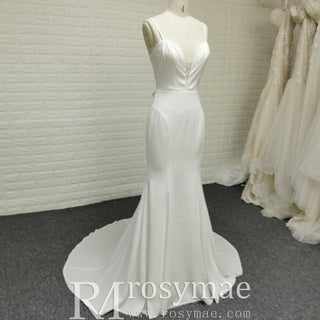 Plunging Vneck Fit and Flare Wedding Dress with Spaghetti Straps