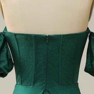 Elegant Hunter Green A Line Off Shoulder Prom Party Gown with Sweetheart