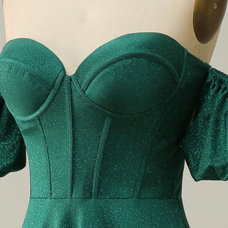 Elegant Hunter Green A Line Off Shoulder Prom Party Gown with Sweetheart