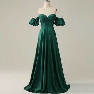 Elegant Hunter Green A Line Off Shoulder Prom Party Gown with Sweetheart