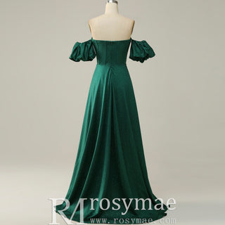 Elegant Hunter Green A Line Off Shoulder Prom Party Gown with Sweetheart