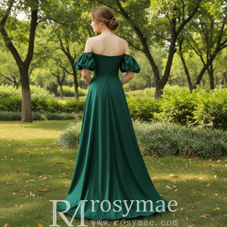 Elegant Hunter Green A Line Off Shoulder Prom Party Gown with Sweetheart