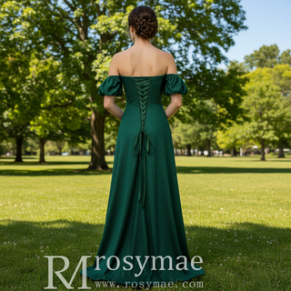 Elegant Hunter Green A Line Off Shoulder Prom Party Gown with Sweetheart