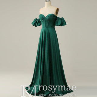Elegant Hunter Green A Line Off Shoulder Prom Party Gown with Sweetheart