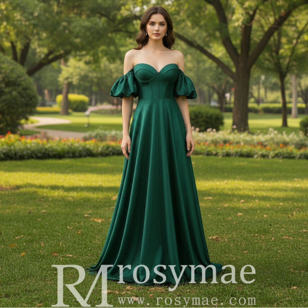 Elegant Hunter Green A Line Off Shoulder Prom Party Gown with Sweetheart Hunter Green / Custom Size Elegant Hunter Green A Line Off Shoulder Prom Party Gown with Sweetheart Hunter Green / Custom Size
