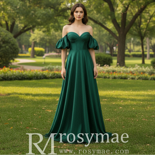 Elegant Hunter Green A Line Off Shoulder Prom Party Gown with Sweetheart