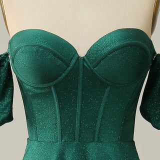 Elegant Hunter Green A Line Off Shoulder Prom Party Gown with Sweetheart