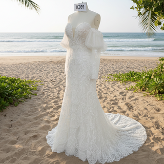 Women's Floral Lace Long Sleeve Off Shoulder Wedding Mermaid Dress