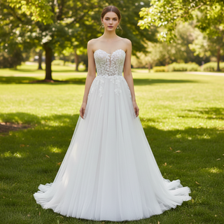 Strapless A-line Sweetheart Tulle Wedding Dress with Lace Bodice