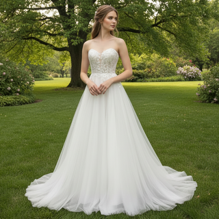 Strapless A-line Sweetheart Tulle Wedding Dress with Lace Bodice