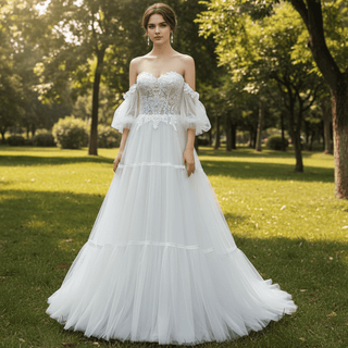 Sweetheart Neckline Wedding Dress with Off Shoulder Long Sleeve - Rosymae