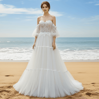 Sweetheart Neckline Wedding Dress with Off Shoulder Long Sleeve - Rosymae