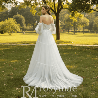 Sweetheart Neckline Wedding Dress with Off Shoulder Long Sleeve - Rosymae