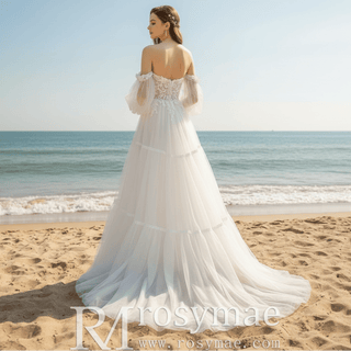 Sweetheart Neckline Wedding Dress with Off Shoulder Long Sleeve - Rosymae