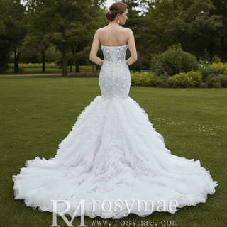 Sweetheart Pearl & Sequin Mermaid Wedding Dress with 3D Floral & Ruffle Train