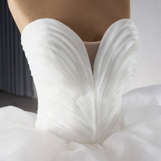 Sweetheart Pleated Ball Gown Wedding Dress with Ruffled Organza Skirt & Dramatic Train - rosymae
