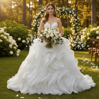 Sweetheart Pleated Ball Gown Wedding Dress with Ruffled Organza Skirt & Dramatic Train - rosymae
