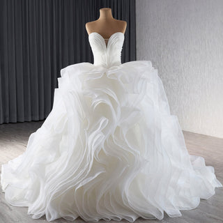 Sweetheart Pleated Ball Gown Wedding Dress with Ruffled Organza Skirt & Dramatic Train - rosymae