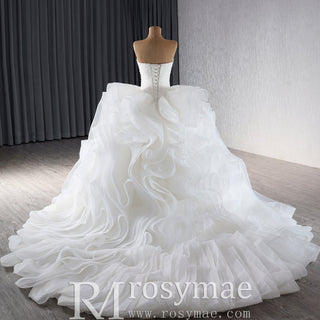 Sweetheart Pleated Ball Gown Wedding Dress with Ruffled Organza Skirt & Dramatic Train - rosymae