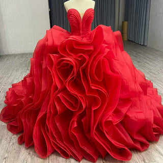 Sweetheart Pleated Ball Gown Wedding Dress with Ruffled Organza Skirt & Dramatic Train - rosymae
