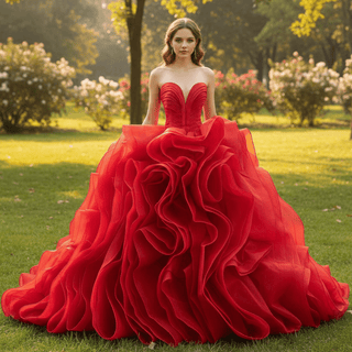 Sweetheart Pleated Ball Gown Wedding Dress with Ruffled Organza Skirt & Dramatic Train - rosymae