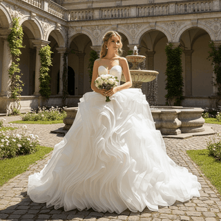 Sweetheart Pleated Ball Gown Wedding Dress with Ruffled Organza Skirt & Dramatic Train - rosymae