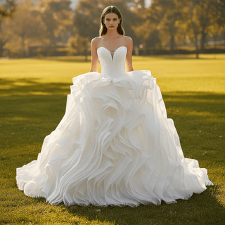 Sweetheart Pleated Ball Gown Wedding Dress with Ruffled Organza Skirt & Dramatic Train - rosymae