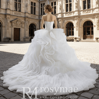 Sweetheart Pleated Ball Gown Wedding Dress with Ruffled Organza Skirt & Dramatic Train - rosymae