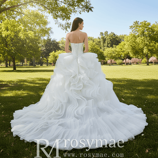 Sweetheart Pleated Ball Gown Wedding Dress with Ruffled Organza Skirt & Dramatic Train - rosymae