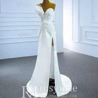 Sweetheart Sheath Satin Modern Butterfly Wedding Dress with Leg Slit - Rosymae