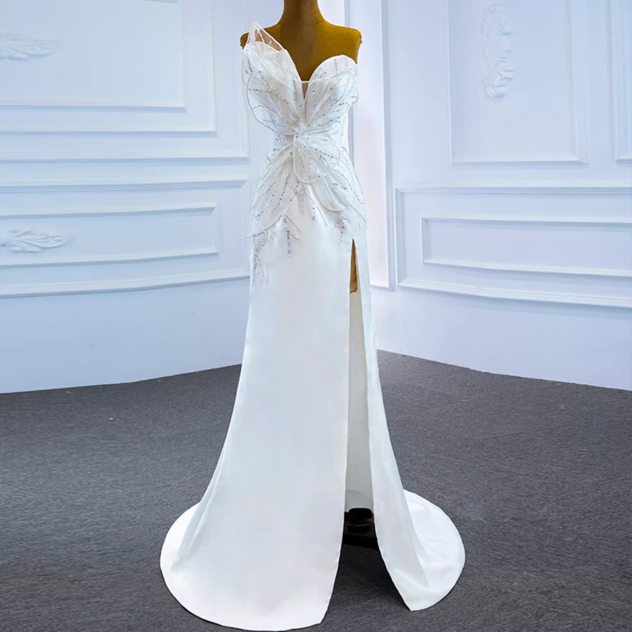 Sweetheart Sheath Satin Modern Butterfly Wedding Dress with Leg Slit - Rosymae