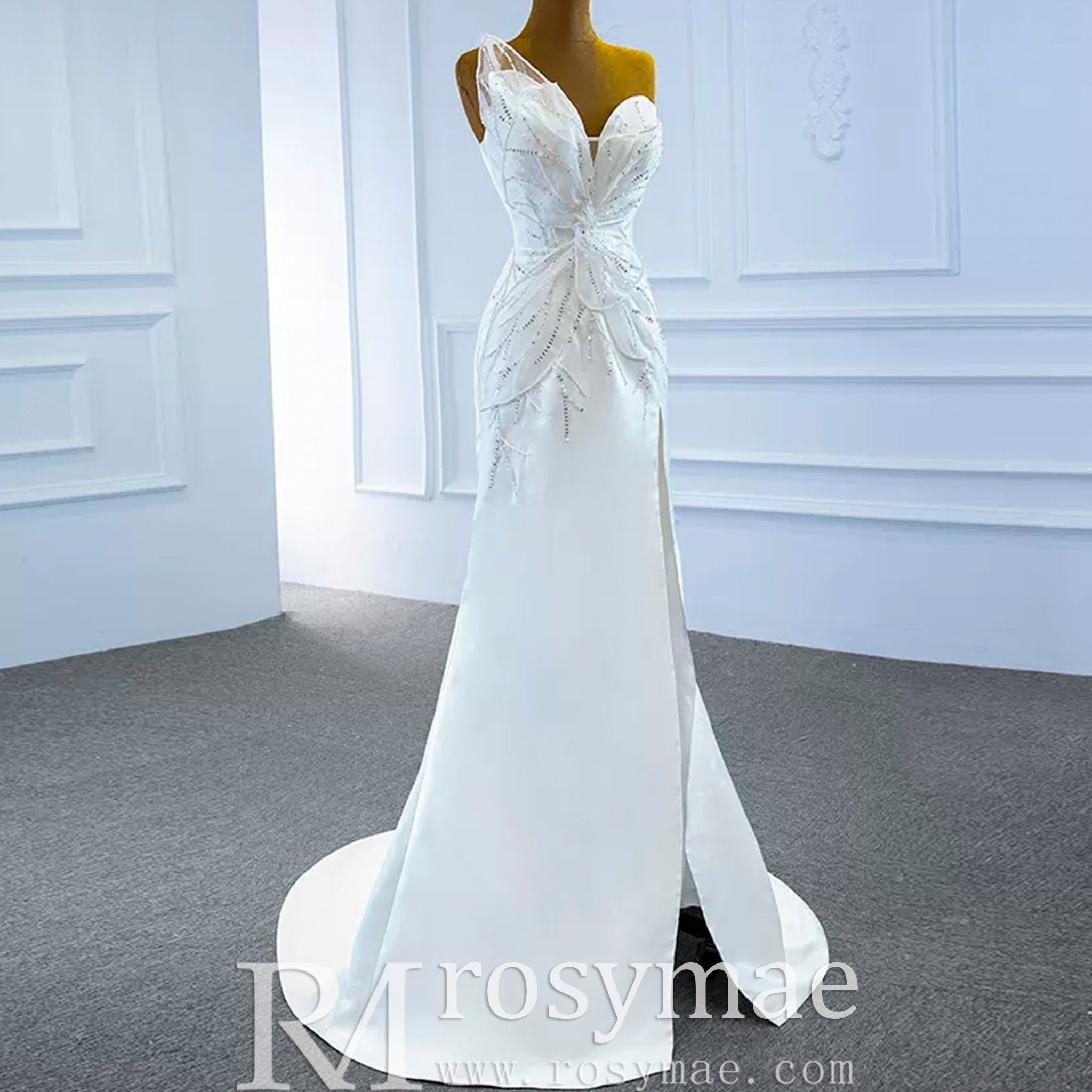 Sweetheart Sheath Satin Modern Butterfly Wedding Dress with Leg Slit - Rosymae