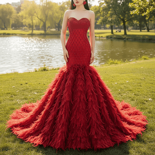 Sweetheart Trumpet Luxury Wedding Dress with Feather - Rosymae