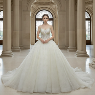 Strapless Puffy Skirt Sweetheart Lace Ball Gown Bridal Wedding Dress