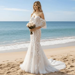 Sweetheart Tulle Lace Champagne Mermaid Wedding Dress - Rosymae