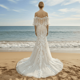 Sweetheart Tulle Lace Champagne Mermaid Wedding Dress - Rosymae