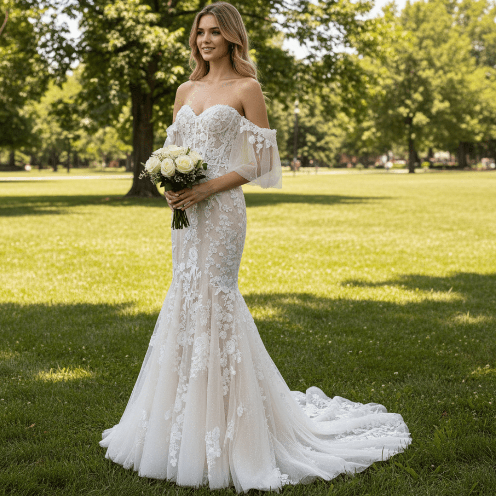 Sweetheart Tulle Lace Champagne Mermaid Wedding Dress - Rosymae
